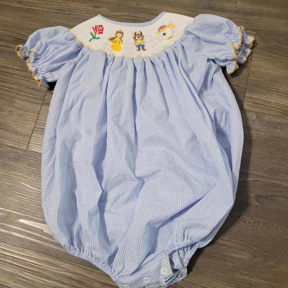 Whimsy Blue Gingham Baby Bubble Romper 18M with Embroidered Princess Collar